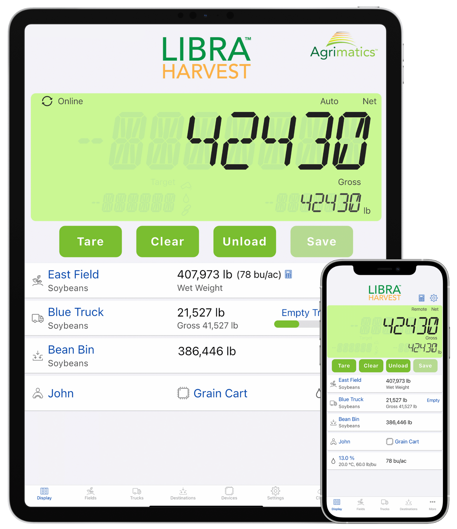 A tablet and phone running the Libra Harvest app