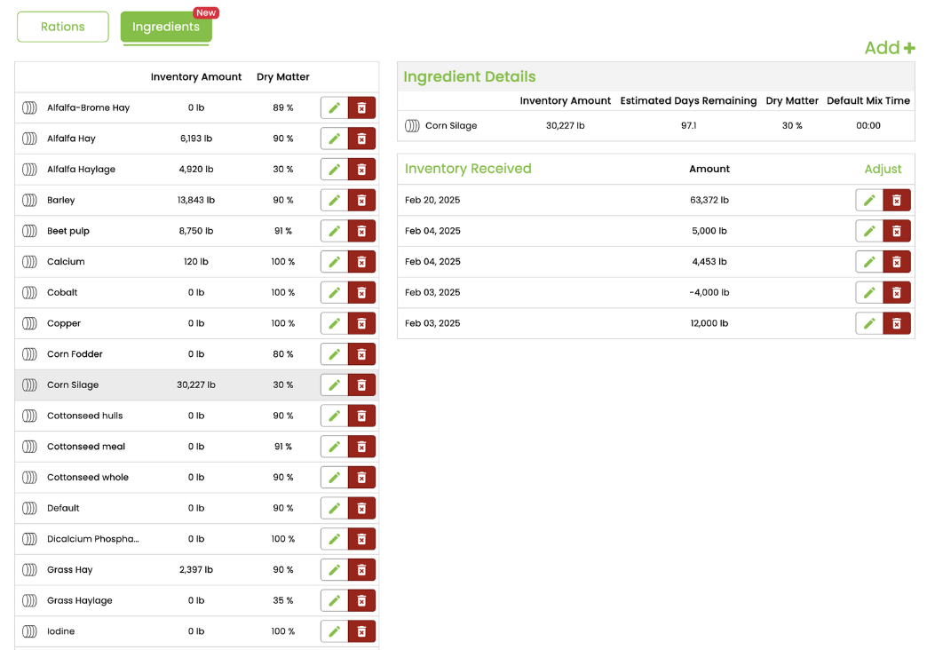 a screenshot of the ingredient management page on Libra Feed cloud
