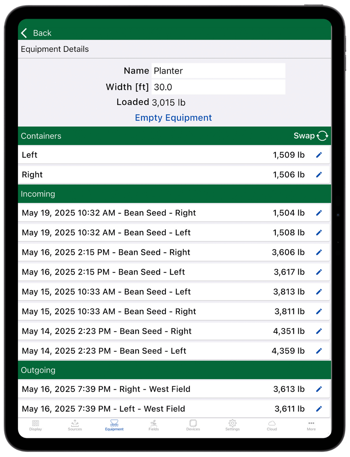 a tablet in portrait showing the equipment details page of the Libra Plant app