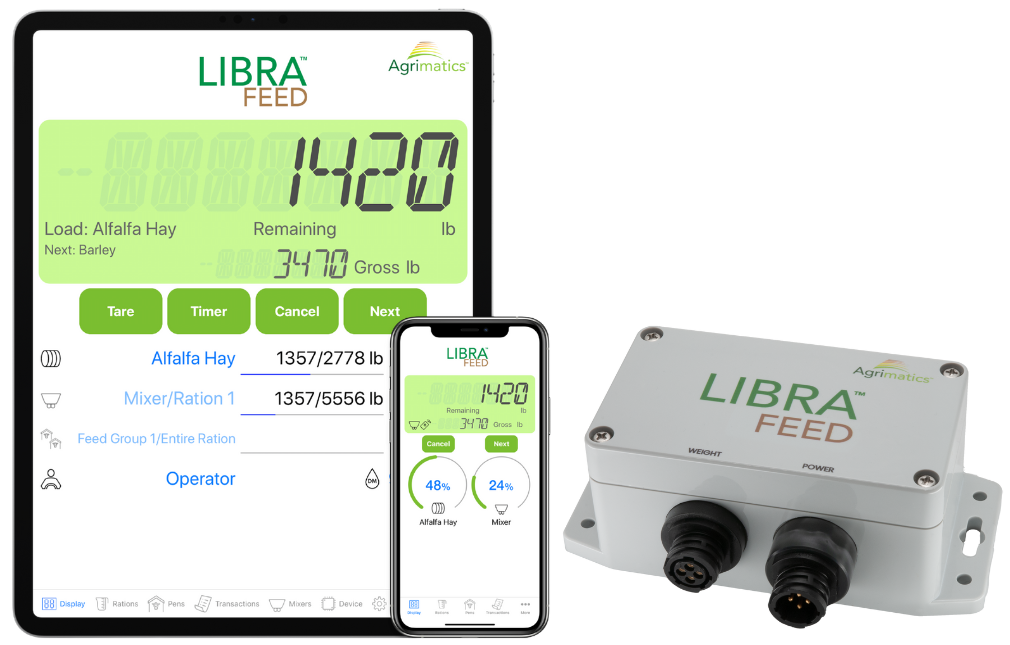 Tablet running Libra Feed app next to Libra Feed M0041 hardware